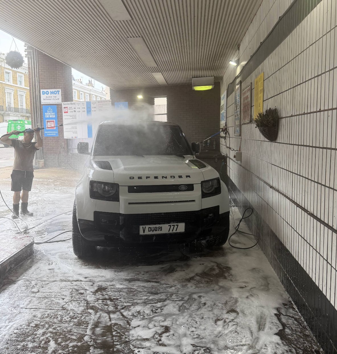 Land Rover Defender: in on a Dubai plate at Kensington's Car Wash